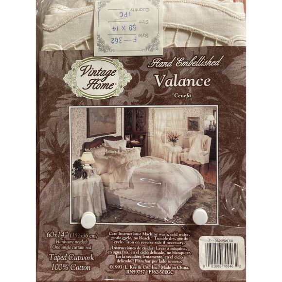 Vintage Home Hand Embellished Taped Cutwork Valance 60X14 for Single Curtain Rod - Picture 3 of 3